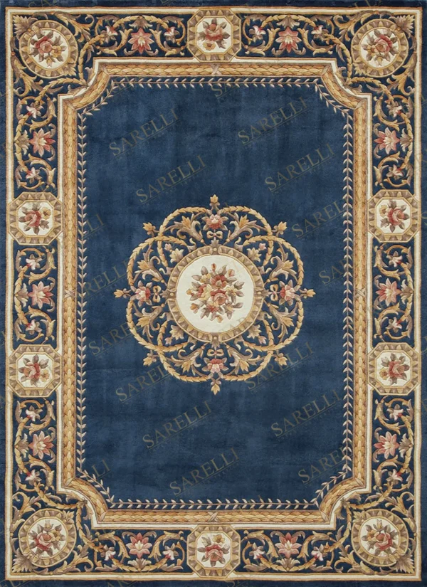 Sarelli Interiors Textiles Sapphire Court Medallion Classic Neoclassic Style Custom Bespoke Elegant Italian Luxury Premium Handmade & Handtufted Area Rug Carpet, Made of Bamboo Silk Material, With Cotton Backing, 2 Levels & Carving Processing Method, 8-14mm Thickness, Available in Bamboo Silk, Tencel, Viscose, Fine Wool, Flame Retardant & Stain Resistant Optional Finishes