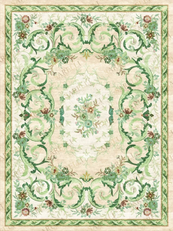 Sarelli Interiors Textiles Ethereal Garland Arabesque Classic Savonnerie Style Custom Bespoke Elegant Italian Luxury Premium Handmade & Handtufted Area Rug Carpet, Made of Viscose Material, With Cotton Backing, High & Low Processing Method, 8-14mm Thickness, Available in Bamboo Silk, Tencel, Viscose, Fine Wool, Flame Retardant & Stain Resistant Optional Finishes