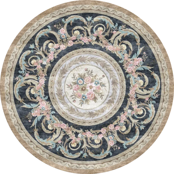 Sarelli Interiors Textiles Round Blossom Wreath Classic Aubusson Style Custom Bespoke Elegant Italian Luxury Premium Handmade & Handtufted Area Rug Carpet, Made of Viscose Material, With Cotton Backing, High & Low Processing Method, 8-14mm Thickness, Available in Bamboo Silk, Tencel, Viscose, Fine Wool, Flame Retardant & Stain Resistant Optional Finishes