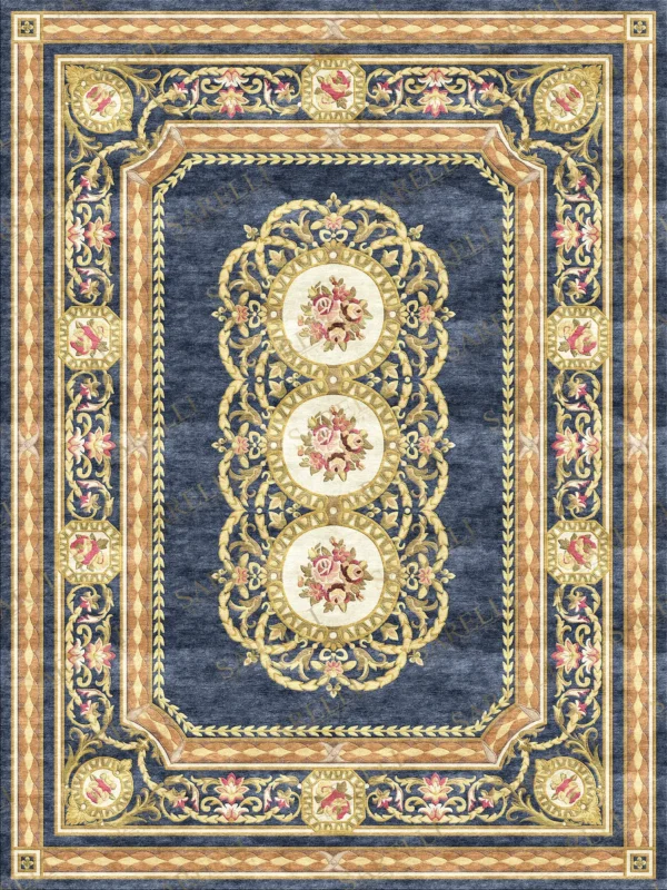 Sarelli Interiors Textiles Royal Garden Medallions Classic Neoclassic Style Custom Bespoke Elegant Italian Luxury Premium Handmade & Handtufted Area Rug Carpet, Made of Bamboo Silk Material, With Cotton Backing, 2 Levels & Carving Processing Method, 8-14mm Thickness, Available in Bamboo Silk, Tencel, Viscose, Fine Wool, Flame Retardant & Stain Resistant Optional Finishes
