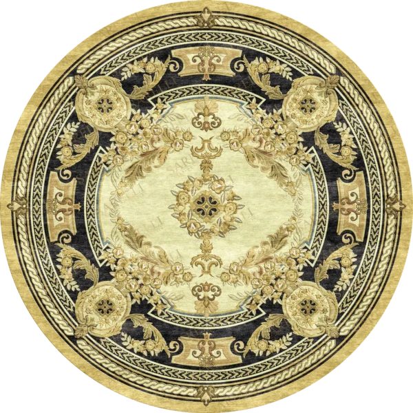 Sarelli Interiors Textiles Gilded Palace Roundel Classic Neoclassic Style Custom Bespoke Elegant Italian Luxury Premium Handmade & Handtufted Area Rug Carpet, Made of Bamboo Silk Material, With Cotton Backing, 1 Level Cut Pile Processing Method, 8-14mm Thickness, Available in Bamboo Silk, Tencel, Viscose, Fine Wool, Flame Retardant & Stain Resistant Optional Finishes