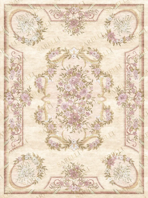 Sarelli Interiors Textiles Champagne Flora Tableau Classic Savonnerie Style Custom Bespoke Elegant Italian Luxury Premium Handmade & Handtufted Area Rug Carpet, Made of Viscose Material, With Cotton Backing, High & Low Processing Method, 8-14mm Thickness, Available in Bamboo Silk, Tencel, Viscose, Fine Wool, Flame Retardant & Stain Resistant Optional Finishes