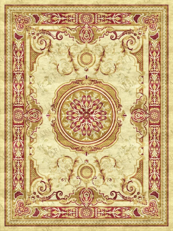 Sarelli Interiors Textiles Palatial Medallion Scroll Classic Aubusson Style Custom Bespoke Elegant Italian Luxury Premium Handmade & Handtufted Area Rug Carpet, Made of Viscose Material, With Cotton Backing, High & Low Processing Method, 8-14mm Thickness, Available in Bamboo Silk, Tencel, Viscose, Fine Wool, Flame Retardant & Stain Resistant Optional Finishes
