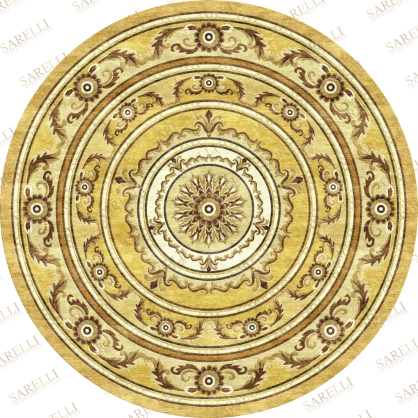Sarelli Interiors Textiles Round Sunburst Rosette Classic Timeless Style Custom Bespoke Elegant Italian Luxury Premium Handmade & Handtufted Area Rug Carpet, Made of Botanical Silk Material, With Cotton Backing, 1 Level Cut Pile Processing Method, 8-14mm Thickness, Available in Bamboo Silk, Tencel, Viscose, Fine Wool, Flame Retardant & Stain Resistant Optional Finishes