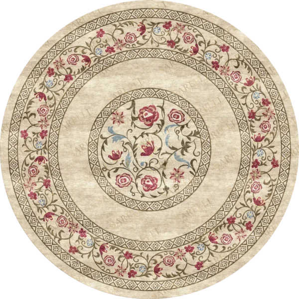 Sarelli Interiors Textiles Imperial Flora Medallion Classic Timeless Style Custom Bespoke Elegant Italian Luxury Premium Handmade & Handtufted Area Rug Carpet, Made of Botanical Silk Material, With Cotton Backing, High & Low Processing Method, 8-14mm Thickness, Available in Bamboo Silk, Tencel, Viscose, Fine Wool, Flame Retardant & Stain Resistant Optional Finishes