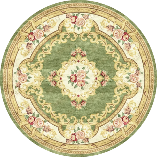 Sarelli Interiors Textiles Baroque Floral Rosette Classic Aubusson Style Custom Bespoke Elegant Italian Luxury Premium Handmade & Handtufted Area Rug Carpet, Made of Viscose Material, With Cotton Backing, 2 Levels & Carving Processing Method, 8-14mm Thickness, Available in Bamboo Silk, Tencel, Viscose, Fine Wool, Flame Retardant & Stain Resistant Optional Finishes