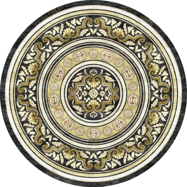 Sarelli Interiors Textiles Circular Baroque Crest Classic Timeless Style Custom Bespoke Elegant Italian Luxury Premium Handmade & Handtufted Area Rug Carpet, Made of Botanical Silk Material, With Cotton Backing, 1 Level Cut Pile Processing Method, 8-14mm Thickness, Available in Bamboo Silk, Tencel, Viscose, Fine Wool, Flame Retardant & Stain Resistant Optional Finishes