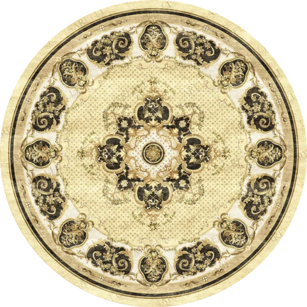 Sarelli Interiors Textiles Majestic Round Golden Classic Aubusson Style Custom Bespoke Elegant Italian Luxury Premium Handmade & Handtufted Area Rug Carpet, Made of Viscose Material, With Cotton Backing, 3 Levels Processing Method, 8-14mm Thickness, Available in Bamboo Silk, Tencel, Viscose, Fine Wool, Flame Retardant & Stain Resistant Optional Finishes