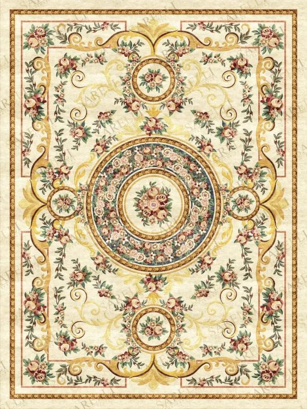 Sarelli Interiors Textiles Flourishing Wreath Dynasty Classic Savonnerie Style Custom Bespoke Elegant Italian Luxury Premium Handmade & Handtufted Area Rug Carpet, Made of Viscose Material, With Cotton Backing, 1 Level Cut Pile Processing Method, 8-14mm Thickness, Available in Bamboo Silk, Tencel, Viscose, Fine Wool, Flame Retardant & Stain Resistant Optional Finishes