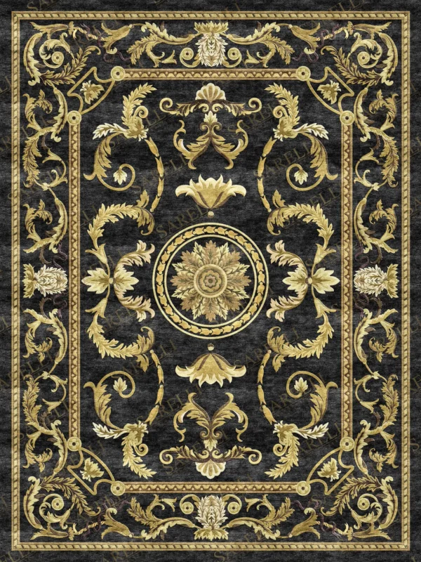 Sarelli Interiors Textiles Empire Acanthus Shield Classic Neoclassic Style Custom Bespoke Elegant Italian Luxury Premium Handmade & Handtufted Area Rug Carpet, Made of Bamboo Silk Material, With Cotton Backing, High & Low Processing Method, 8-14mm Thickness, Available in Bamboo Silk, Tencel, Viscose, Fine Wool, Flame Retardant & Stain Resistant Optional Finishes