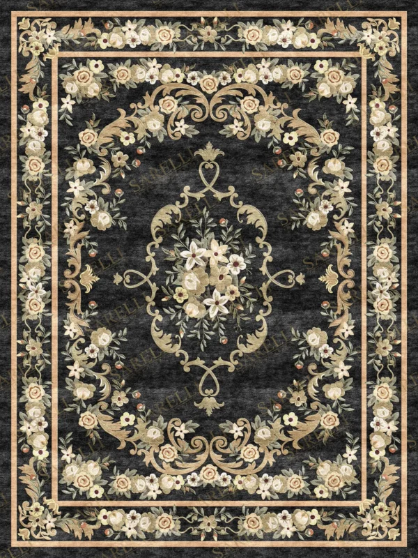 Sarelli Interiors Textiles Onyx Blossom Harmony Classic Savonnerie Style Custom Bespoke Elegant Italian Luxury Premium Handmade & Handtufted Area Rug Carpet, Made of Viscose Material, With Cotton Backing, High & Low Processing Method, 8-14mm Thickness, Available in Bamboo Silk, Tencel, Viscose, Fine Wool, Flame Retardant & Stain Resistant Optional Finishes