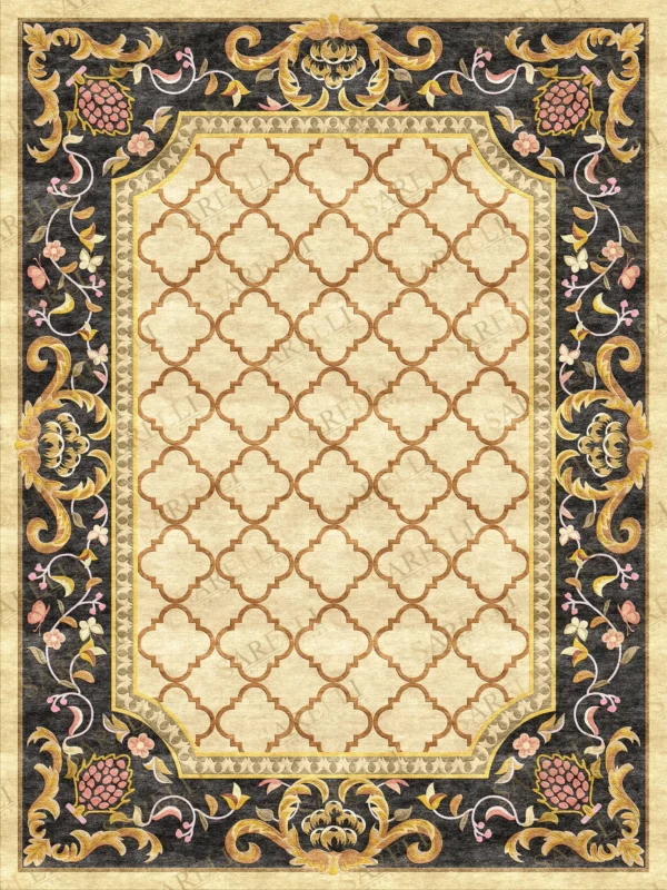 Sarelli Interiors Textiles Ornate Quatrefoil Elegance Classic Timeless Style Custom Bespoke Elegant Italian Luxury Premium Handmade & Handtufted Area Rug Carpet, Made of Botanical Silk Material, With Cotton Backing, 2 Levels & Carving Processing Method, 8-14mm Thickness, Available in Bamboo Silk, Tencel, Viscose, Fine Wool, Flame Retardant & Stain Resistant Optional Finishes