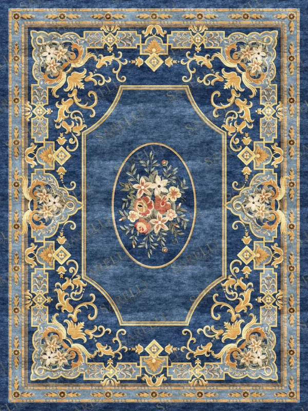 Sarelli Interiors Textiles Sapphire Floral Motif Classic Aubusson Style Custom Bespoke Elegant Italian Luxury Premium Handmade & Handtufted Area Rug Carpet, Made of Viscose Material, With Cotton Backing, 3 Levels Processing Method, 8-14mm Thickness, Available in Bamboo Silk, Tencel, Viscose, Fine Wool, Flame Retardant & Stain Resistant Optional Finishes