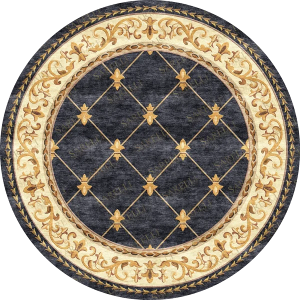 Sarelli Interiors Textiles Round Imperial Ornate Classic Neoclassic Style Custom Bespoke Elegant Italian Luxury Premium Handmade & Handtufted Area Rug Carpet, Made of Bamboo Silk Material, With Cotton Backing, 3 Levels Processing Method, 8-14mm Thickness, Available in Bamboo Silk, Tencel, Viscose, Fine Wool, Flame Retardant & Stain Resistant Optional Finishes