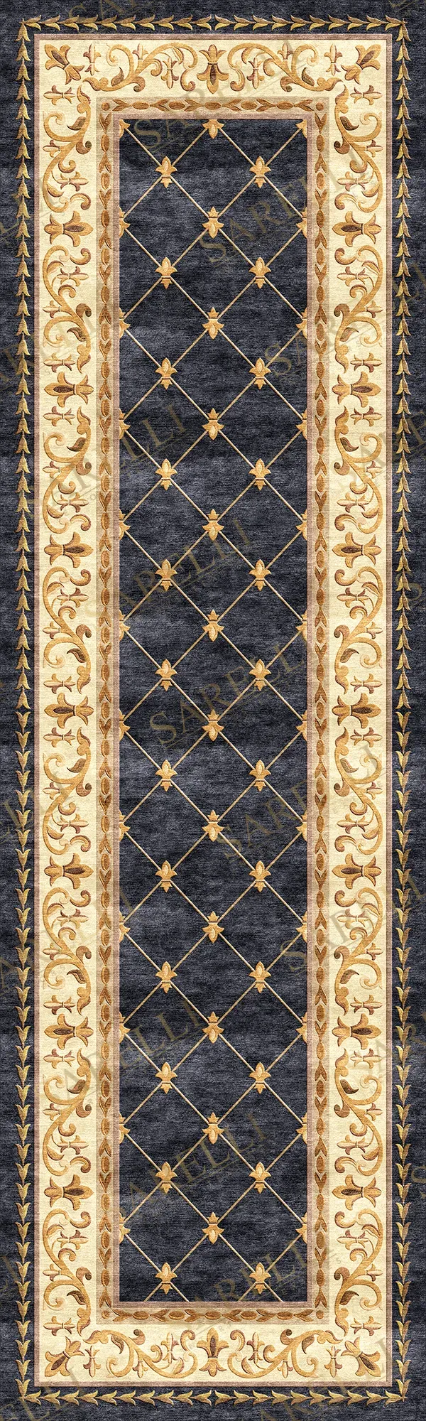 Sarelli Interiors Textiles Regal Design Hallway Classic Neoclassic Style Custom Bespoke Elegant Italian Luxury Premium Handmade & Handtufted Area Rug Carpet, Made of Bamboo Silk Material, With Cotton Backing, 3 Levels Processing Method, 8-14mm Thickness, Available in Bamboo Silk, Tencel, Viscose, Fine Wool, Flame Retardant & Stain Resistant Optional Finishes