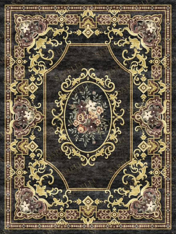 Sarelli Interiors Textiles Baroque Jewel Bouquet Classic Aubusson Style Custom Bespoke Elegant Italian Luxury Premium Handmade & Handtufted Area Rug Carpet, Made of Viscose Material, With Cotton Backing, High & Low Processing Method, 8-14mm Thickness, Available in Bamboo Silk, Tencel, Viscose, Fine Wool, Flame Retardant & Stain Resistant Optional Finishes
