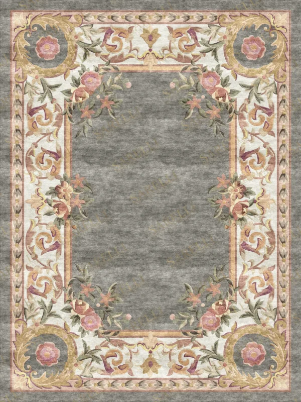 Sarelli Interiors Textiles Elegant Floreal Border Classic Timeless Style Custom Bespoke Elegant Italian Luxury Premium Handmade & Handtufted Area Rug Carpet, Made of Botanical Silk Material, With Cotton Backing, 2 Levels & Carving Processing Method, 8-14mm Thickness, Available in Bamboo Silk, Tencel, Viscose, Fine Wool, Flame Retardant & Stain Resistant Optional Finishes