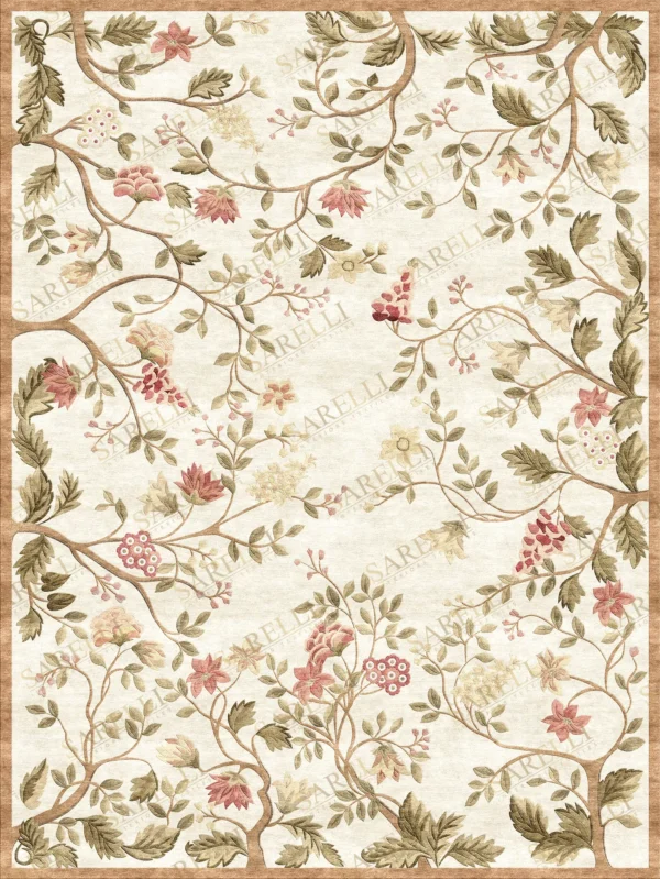 Sarelli Interiors Textiles Floral Vine Symphony Classic Timeless Style Custom Bespoke Elegant Italian Luxury Premium Handmade & Handtufted Area Rug Carpet, Made of Botanical Silk Material, With Cotton Backing, 2 Levels Processing Method, 8-14mm Thickness, Available in Bamboo Silk, Tencel, Viscose, Fine Wool, Flame Retardant & Stain Resistant Optional Finishes
