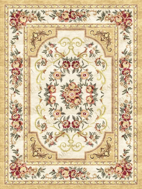 Sarelli Interiors Textiles Timeless Bouquet Medallion Classic Aubusson Style Custom Bespoke Elegant Italian Luxury Premium Handmade & Handtufted Area Rug Carpet, Made of Viscose Material, With Cotton Backing, 1 Level Cut Pile Processing Method, 8-14mm Thickness, Available in Bamboo Silk, Tencel, Viscose, Fine Wool, Flame Retardant & Stain Resistant Optional Finishes