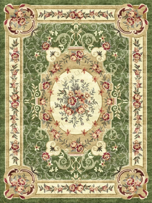 Sarelli Interiors Textiles Emerald Floral Wreath Classic Aubusson Style Custom Bespoke Elegant Italian Luxury Premium Handmade & Handtufted Area Rug Carpet, Made of Viscose Material, With Cotton Backing, 1 Level Cut Pile Processing Method, 8-14mm Thickness, Available in Bamboo Silk, Tencel, Viscose, Fine Wool, Flame Retardant & Stain Resistant Optional Finishes