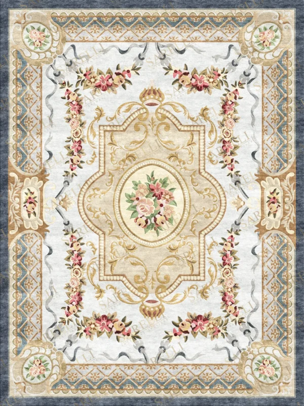 Sarelli Interiors Textiles Brocade Ribbon Serenity Classic Savonnerie Style Custom Bespoke Elegant Italian Luxury Premium Handmade & Handtufted Area Rug Carpet, Made of Viscose Material, With Cotton Backing, TBA Processing Method, 8-14mm Thickness, Available in Bamboo Silk, Tencel, Viscose, Fine Wool, Flame Retardant & Stain Resistant Optional Finishes