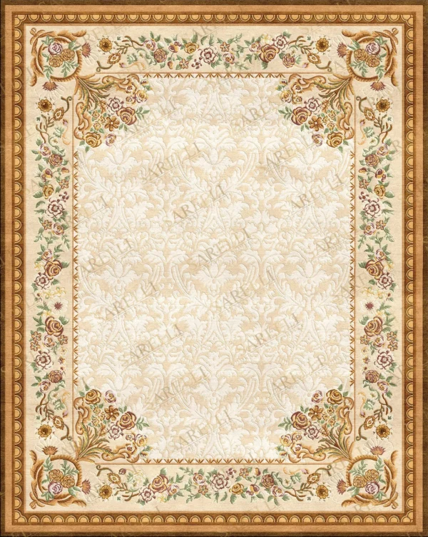 Sarelli Interiors Textiles Aubusson Corner Bouquet Classic Aubusson Style Custom Bespoke Elegant Italian Luxury Premium Handmade & Handtufted Area Rug Carpet, Made of Viscose Material, With Cotton Backing, 1 Level Cut Pile & Carving Processing Method, 8-14mm Thickness, Available in Bamboo Silk, Tencel, Viscose, Fine Wool, Flame Retardant & Stain Resistant Optional Finishes