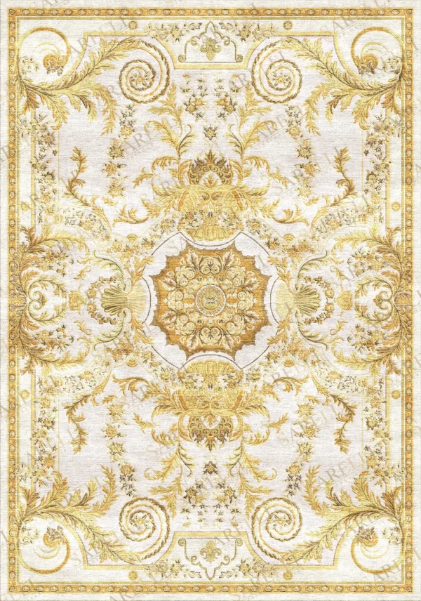 Sarelli Interiors Textiles Golden Baroque Rosette Classic Aubusson Style Custom Bespoke Elegant Italian Luxury Premium Handmade & Handtufted Area Rug Carpet, Made of Viscose Material, With Cotton Backing, High & Low Processing Method, 8-14mm Thickness, Available in Bamboo Silk, Tencel, Viscose, Fine Wool, Flame Retardant & Stain Resistant Optional Finishes