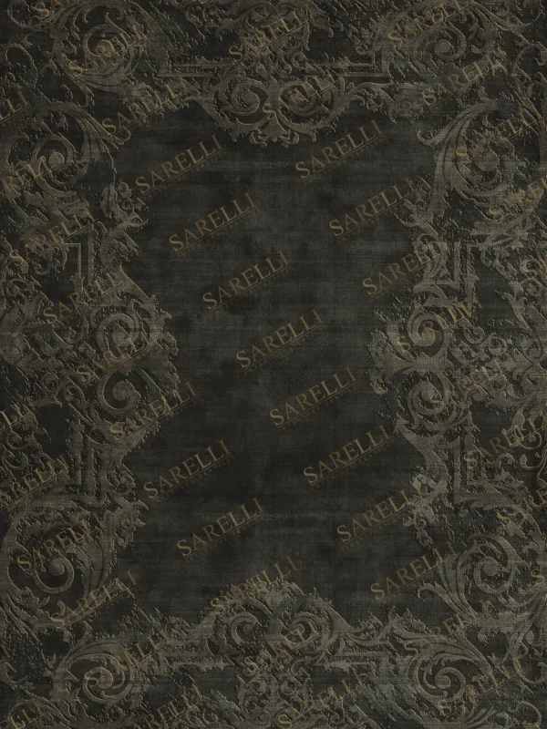Sarelli Interiors Textiles Border Flourish Contemporary Legacy Style Custom Bespoke Elegant Italian Luxury Premium Handmade & Handtufted Area Rug Carpet, Made of Bamboo Silk Material, With Cotton Backing, 2 Levels High & Low Processing Method, 8-14mm Thickness, Available in Bamboo Silk, Tencel, Viscose, Fine Wool, Flame Retardant & Stain Resistant Optional Finishes