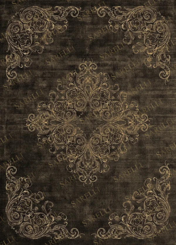 Sarelli Interiors Textiles Etched Medallion Contemporary Legacy Style Custom Bespoke Elegant Italian Luxury Premium Handmade & Handtufted Area Rug Carpet, Made of Viscose & Lincoln Wool Material, With Cotton Backing, 1 Level & Carving Processing Method, 8-14mm Thickness, Available in Bamboo Silk, Tencel, Viscose, Fine Wool, Flame Retardant & Stain Resistant Optional Finishes