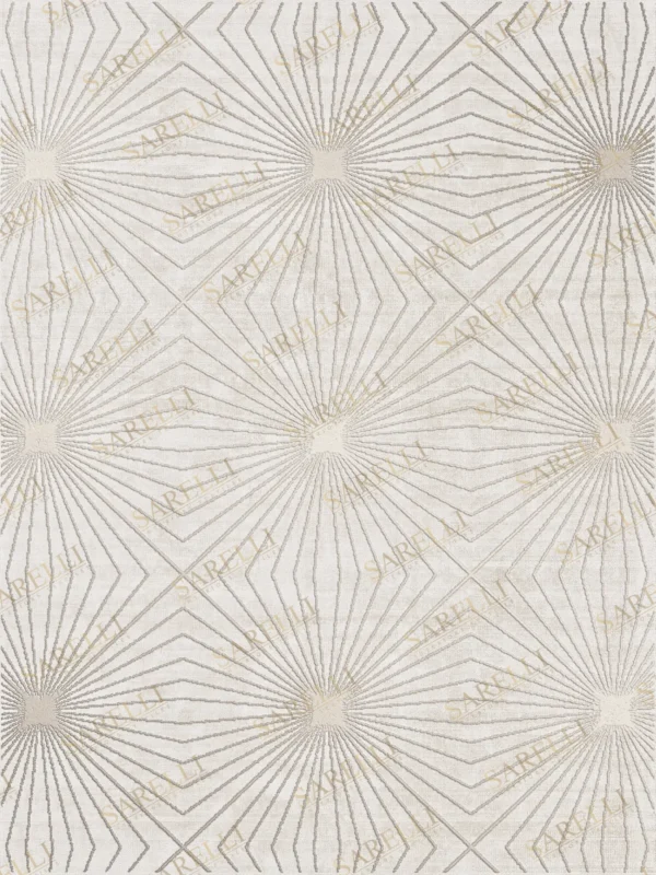 Sarelli Interiors Textiles White Starburst Contemporary Whiteness Style Custom Bespoke Elegant Italian Luxury Premium Handmade & Handtufted Area Rug Carpet, Made of Bamboo Silk Material, With Cotton Backing, Cut & Loop Processing Method, 8-14mm Thickness, Available in Bamboo Silk, Tencel, Viscose, Fine Wool, Flame Retardant & Stain Resistant Optional Finishes